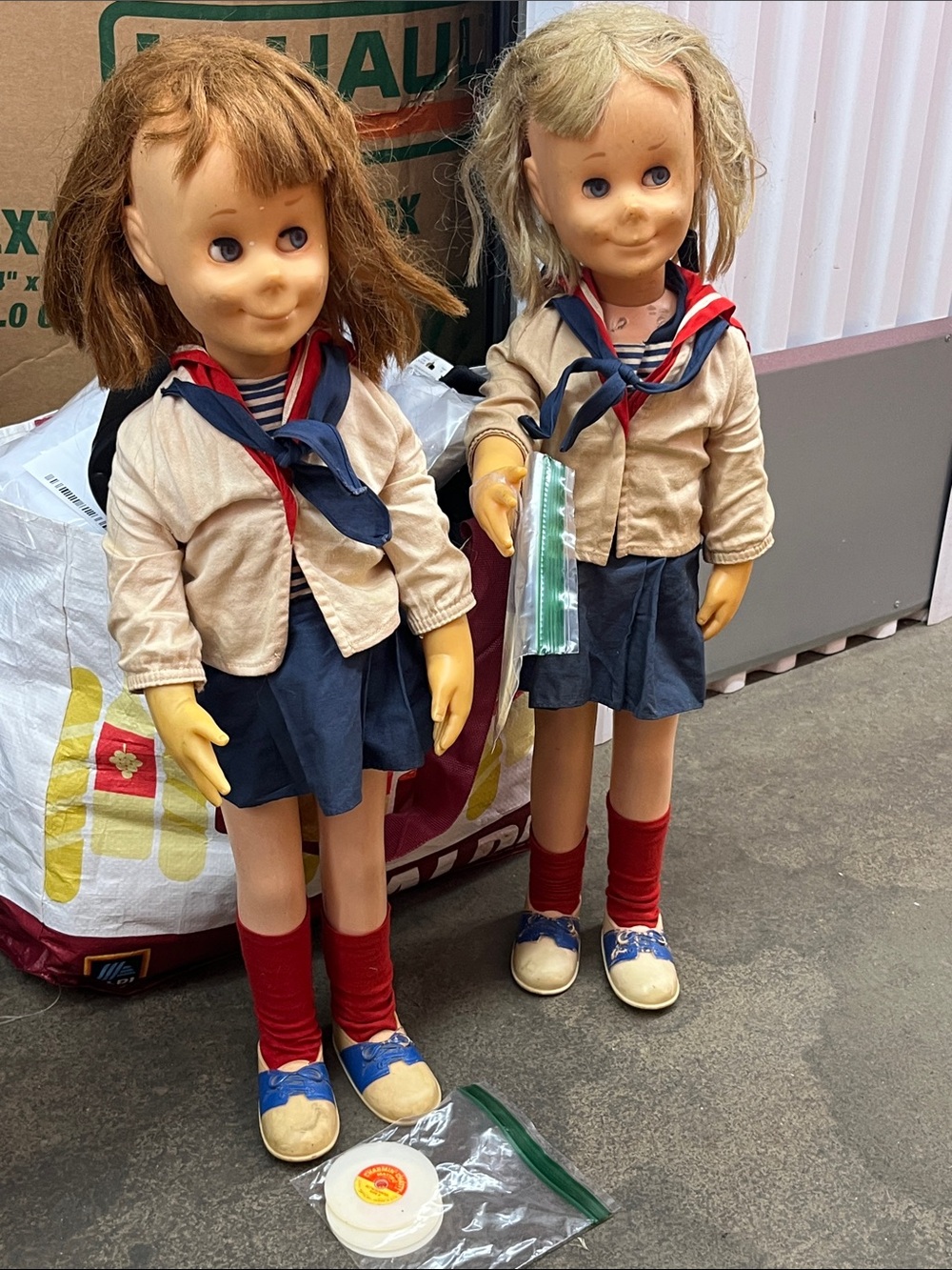 Vintage Twin Schoolgirl Dolls in Navy & Red Sailor Outfits